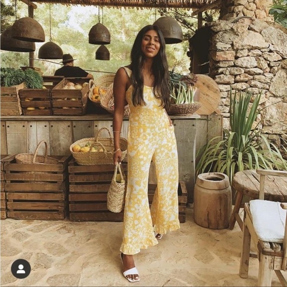 Faithfull The Brand KASBAH FLORAL-PRINT CREPE JUMPSUIT IN YELLOW Size S - Picture 4 of 12